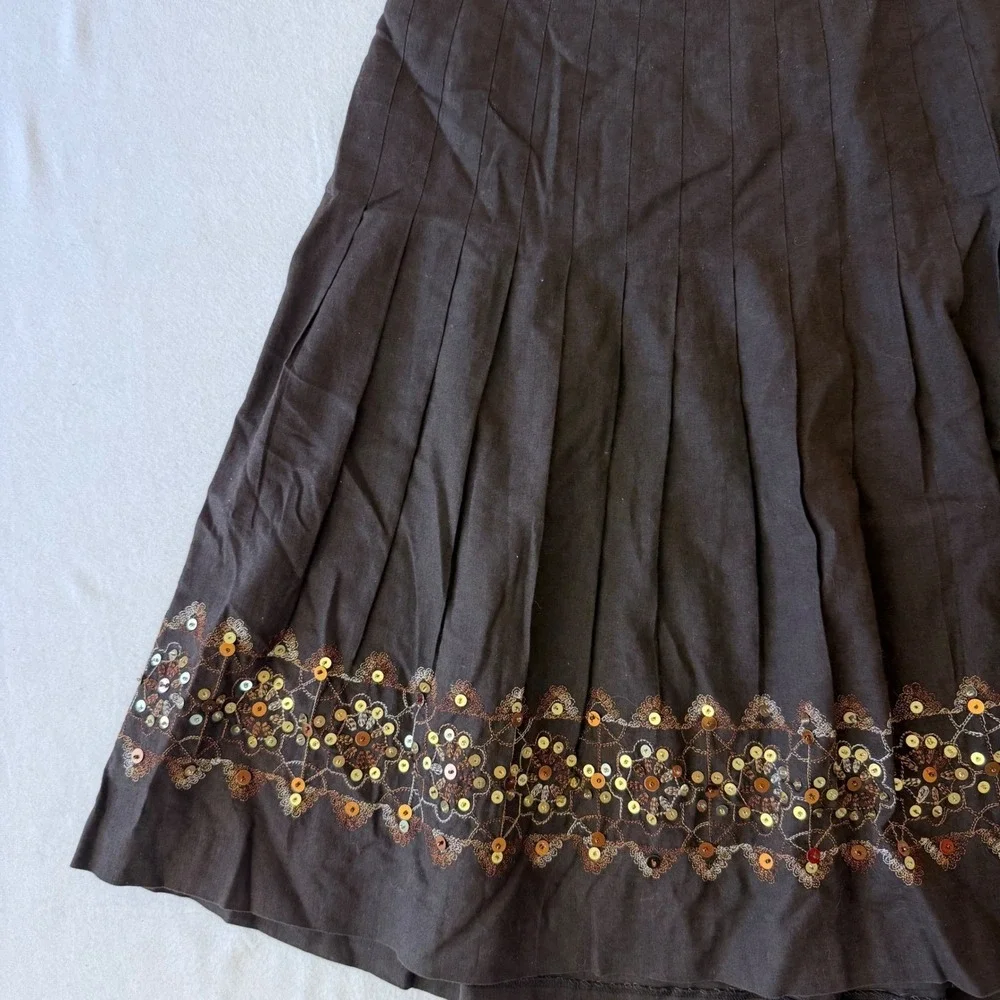 Ann Taylor Loft Brown Linen Blend Pleated Sequin Hem A-Line‎ Skirt Womens 10